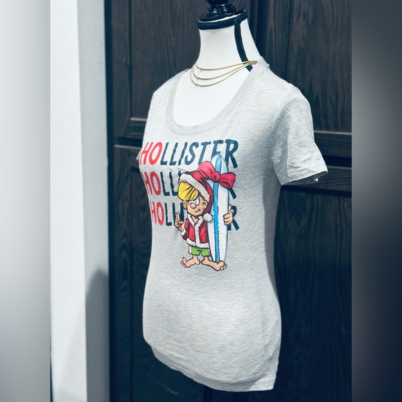 Vintage Y2K Hollister “HO HO HO” Gray Graphic Tee w/Surfer Santa Dude SZ MEDIUM - Picture 13 of 16